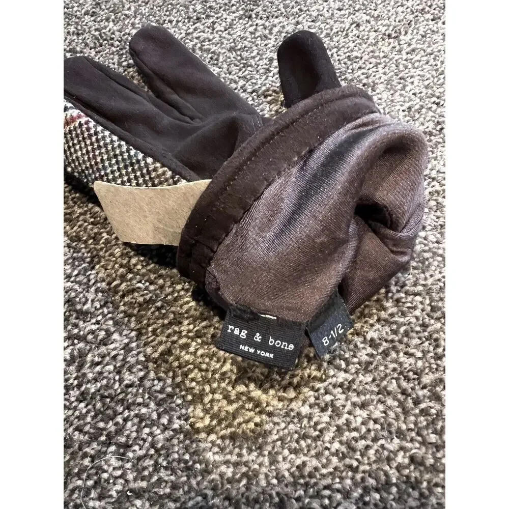 Rag & Bone Plaid Brown Lambskin Suede Black Buckle Gloves Size 8.5 Silk Lining